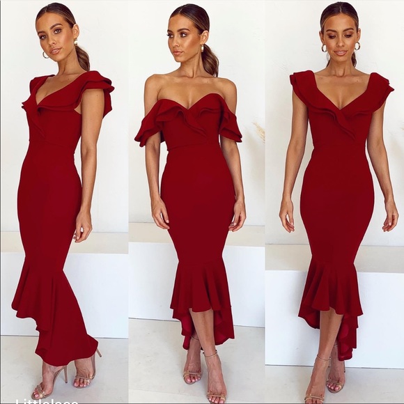 Red Ruffle Hi-Low Midi Bodycon Dress, XS - Picture 1 of 10